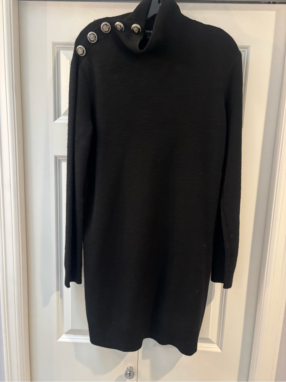 Veronica Beard Black Turtleneck Button-Shoulder Dress